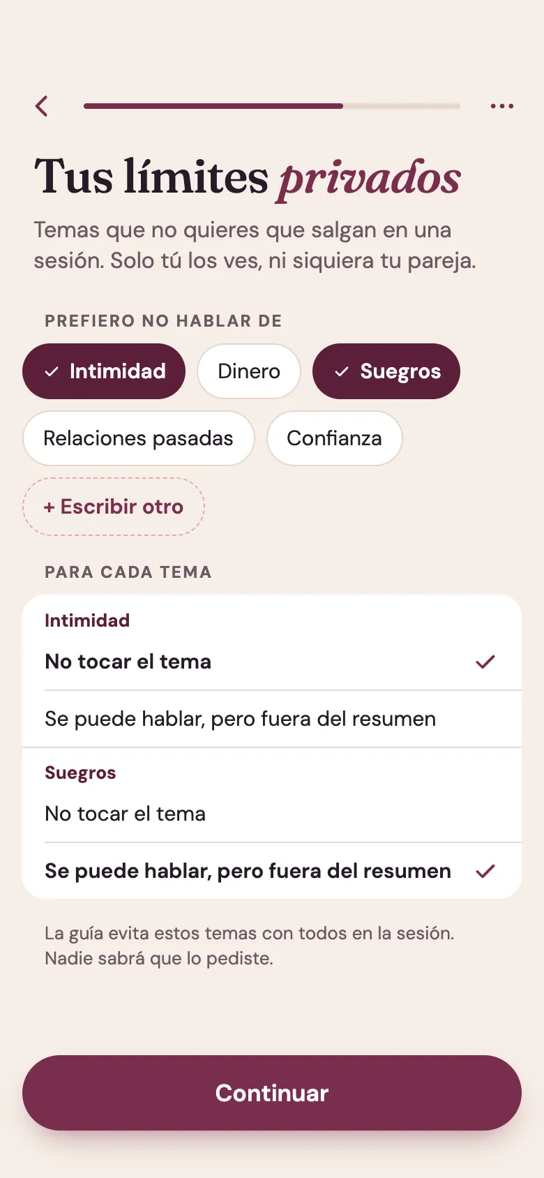 Pantalla de la app Venna: «Tus límites privados». Temas que no quieres que salgan, como la intimidad o los suegros, y que solo tú ves.