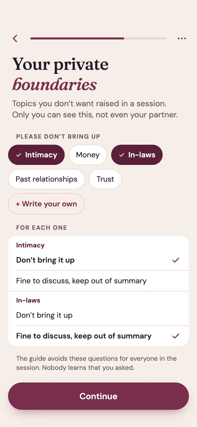 Venna app screen: “Your private boundaries.” Topics you don’t want raised, like intimacy and in-laws, that only you can see.