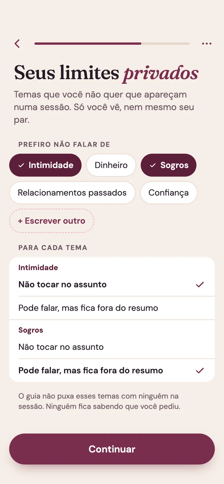 Tela do app Venna: “Seus limites privados”. Temas que você não quer que apareçam, como intimidade e sogros, e que só você vê.