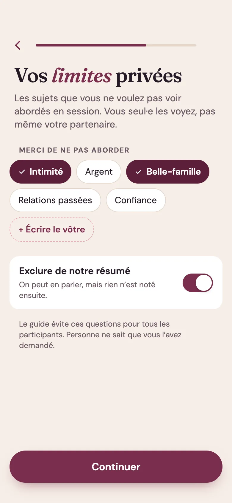 Écran de l’application Venna : « Vos limites privées ». Les sujets que vous ne voulez pas voir abordés, comme l’intimité ou la belle-famille, et que vous seul·e voyez.
