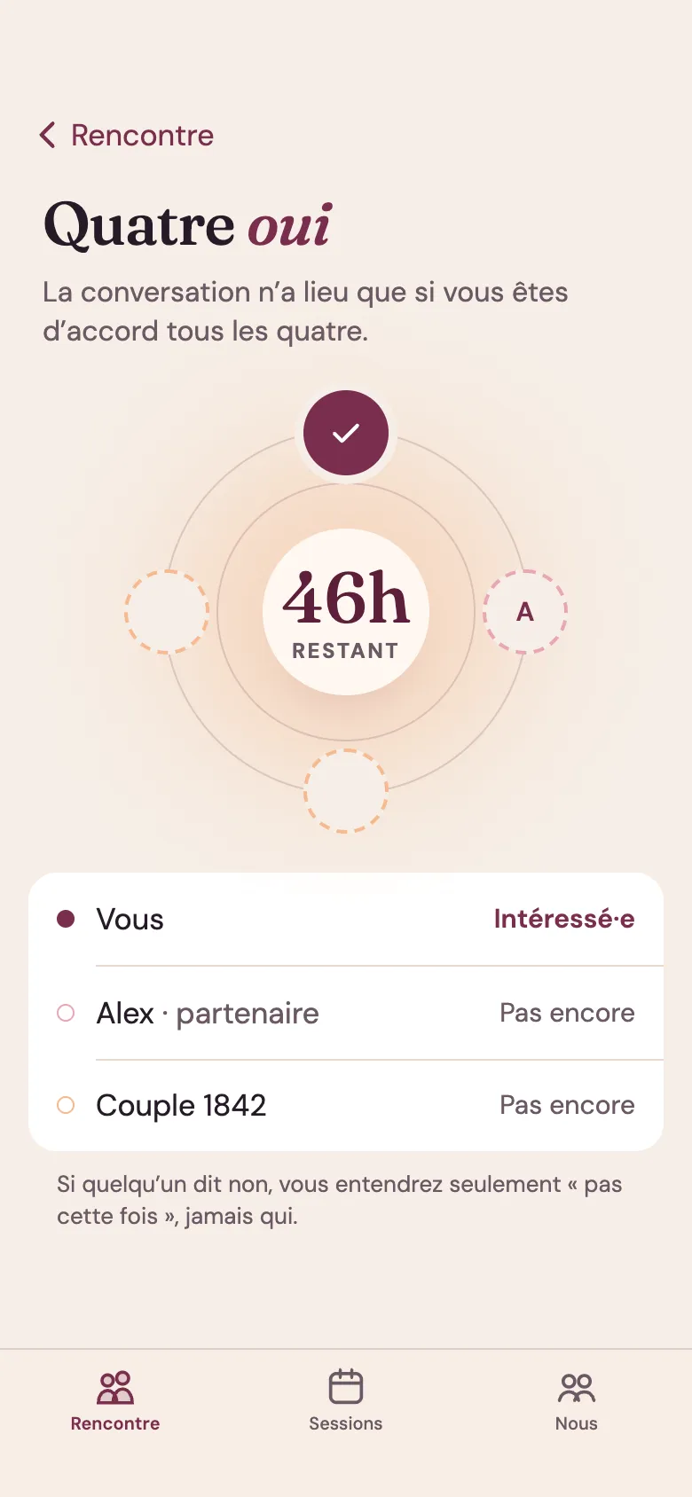 Écran de l’application Venna : « Quatre oui ». Vous êtes intéressé·e ; Alex et le Couple 1842 n’ont pas encore répondu.