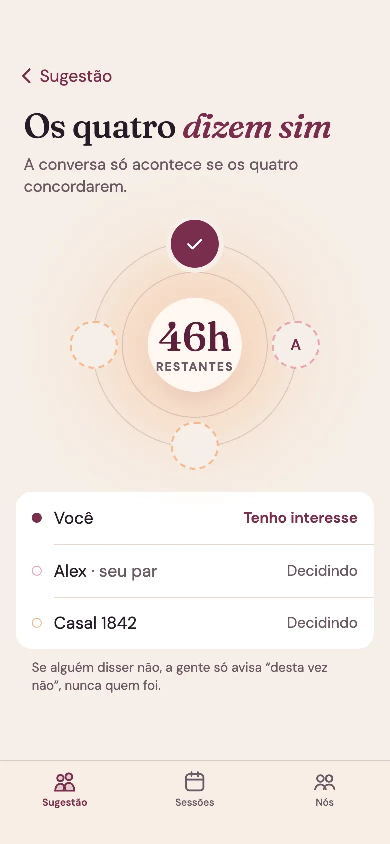 Tela do app Venna: “Os quatro dizem sim”. Você já disse que tem interesse; Alex e o Casal 1842 ainda estão decidindo.