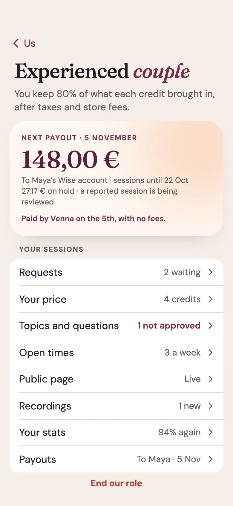 Venna app screen for an experienced couple: the next payout on 5 November by Wise, and their sessions: requests, price, topics and questions, open times, public page, recordings.