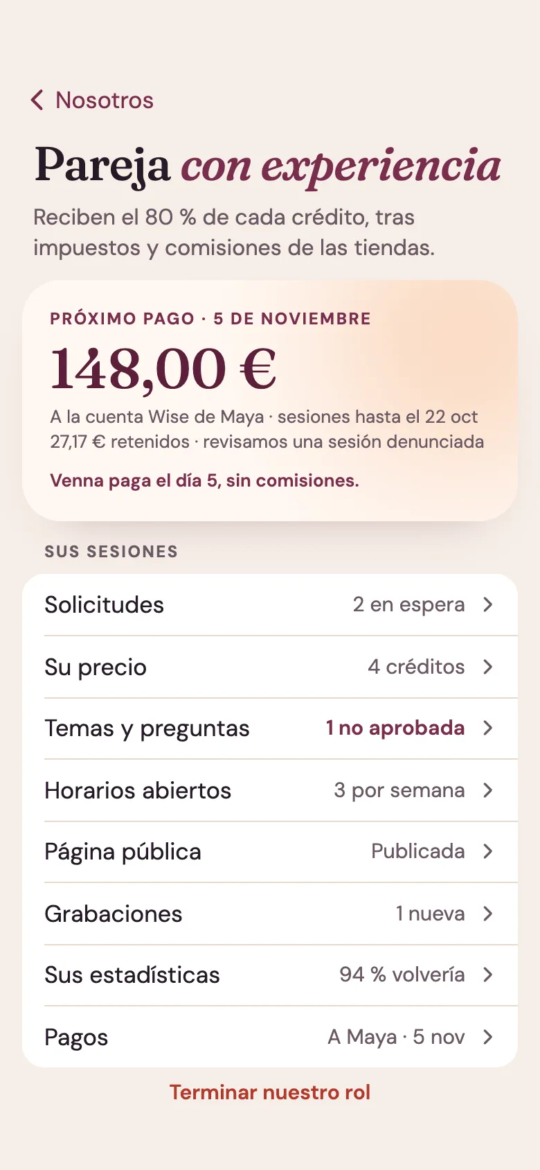 Pantalla de la app Venna para una pareja con experiencia: el próximo pago, el 5 de noviembre por Wise, y sus sesiones: solicitudes, precio, temas y preguntas, horarios, página pública, grabaciones.