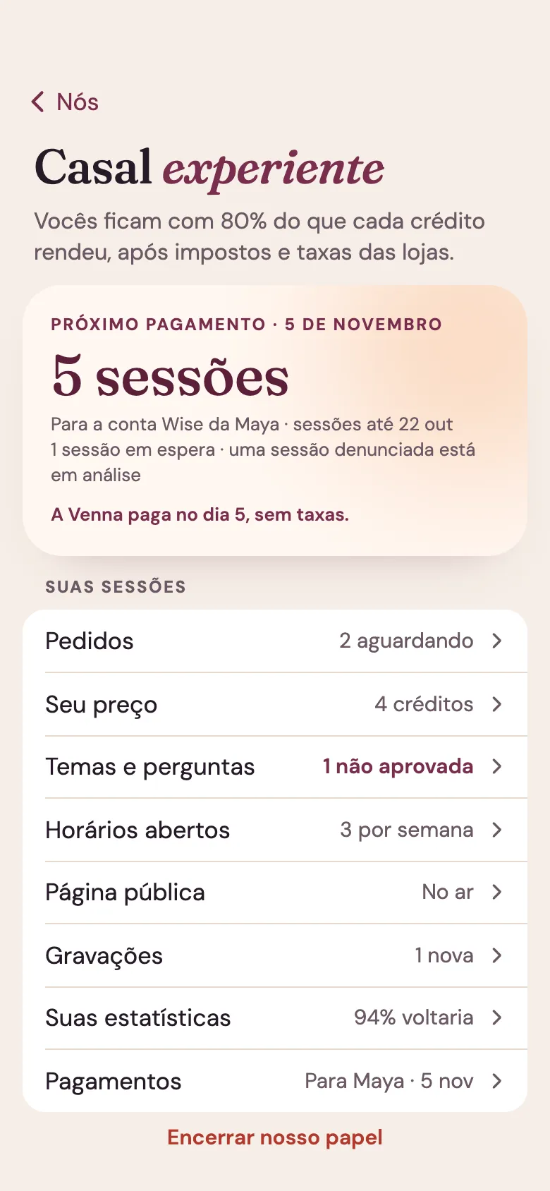 Tela do app Venna para um casal experiente: o próximo pagamento, em 5 de novembro pela Wise, e as sessões: pedidos, preço, temas e perguntas, horários, página pública, gravações.