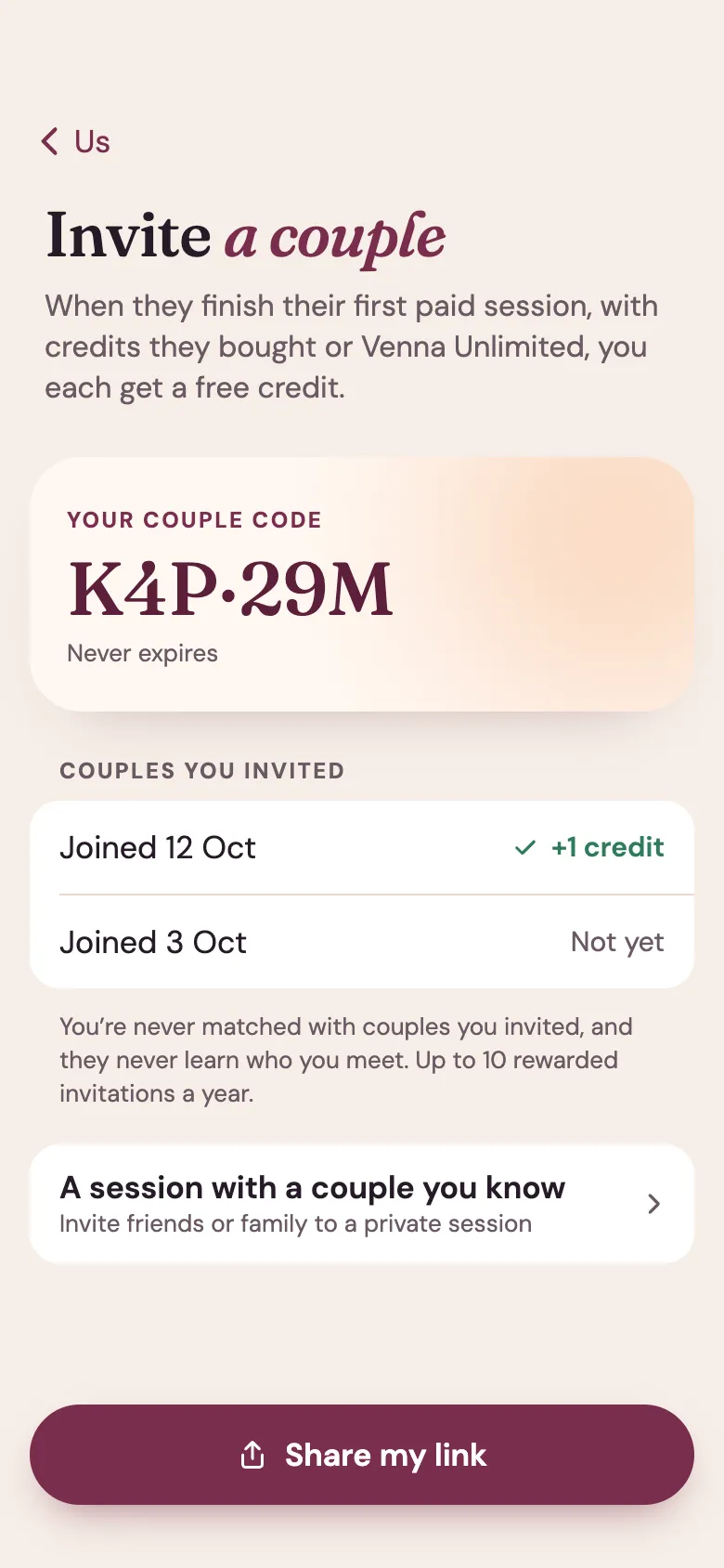 Venna app screen: Invite a couple. Your couple code K4P·29M never expires; one couple you invited joined and earned you a credit, another hasn’t had a paid session yet.