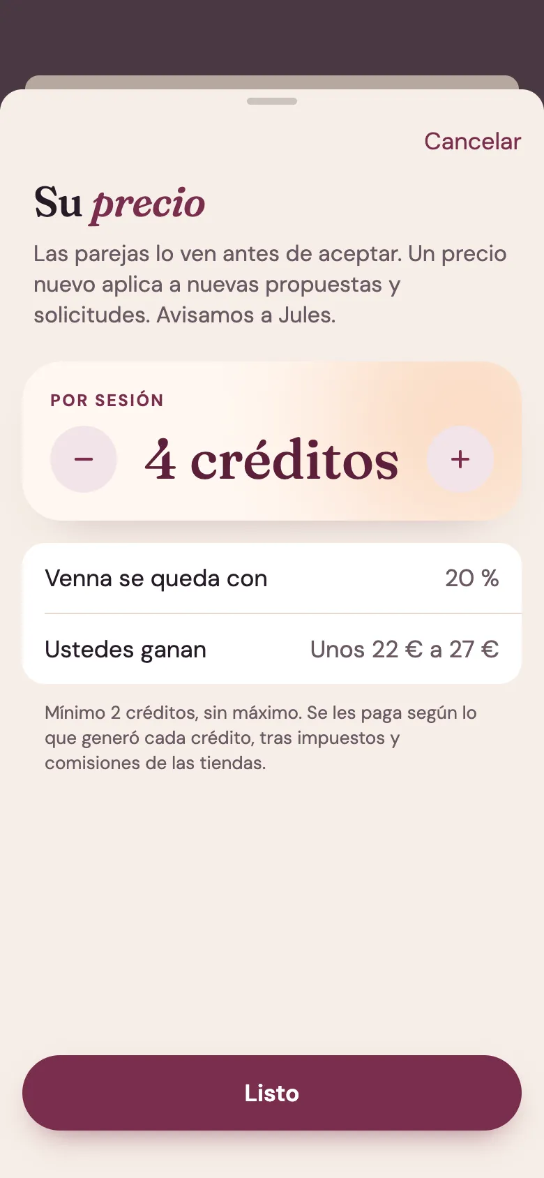 Pantalla de la app Venna: fijar su precio por sesión, en créditos. Venna se queda con el 20%, y la pantalla muestra lo que ganan.