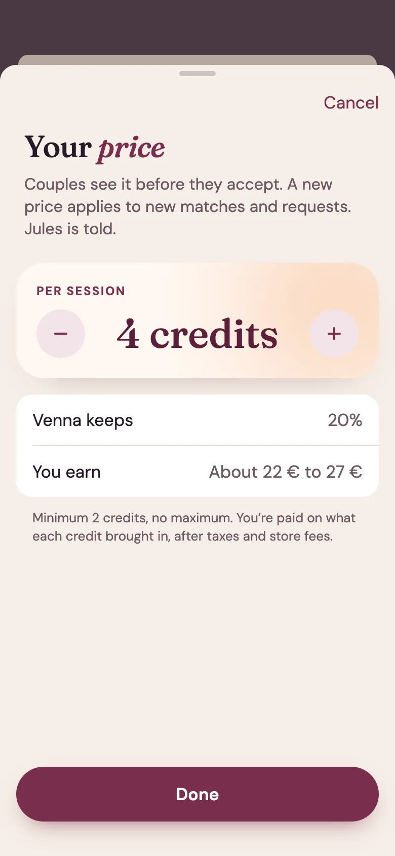 Venna app screen: set your price per session in credits. Venna keeps 20%, and the screen shows what you earn.