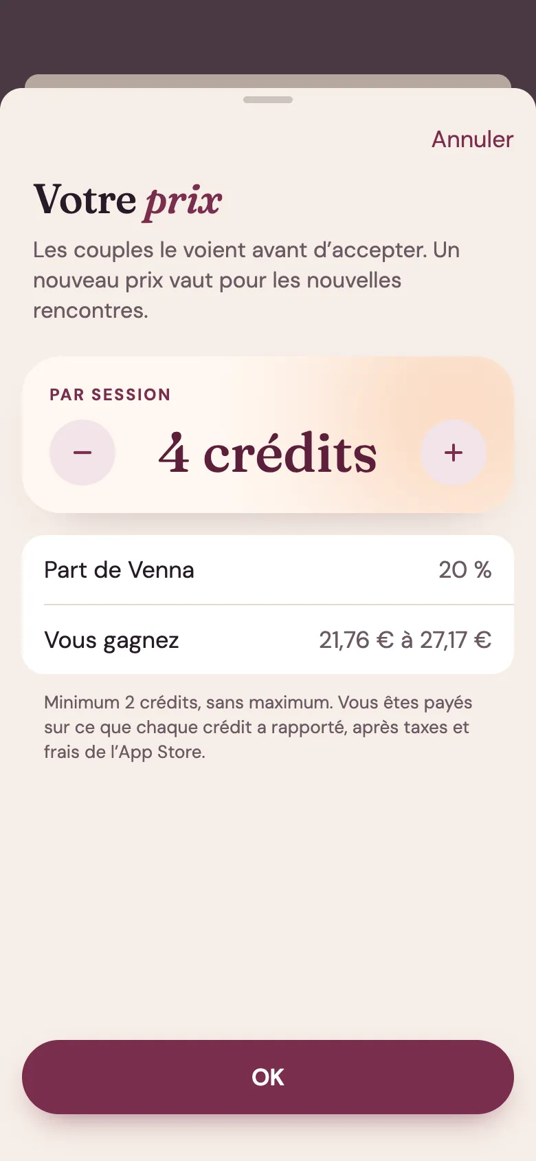 Écran de l’application Venna : fixer votre prix par session, en crédits. Venna garde 20 %, et l’écran montre ce que vous gagnez.