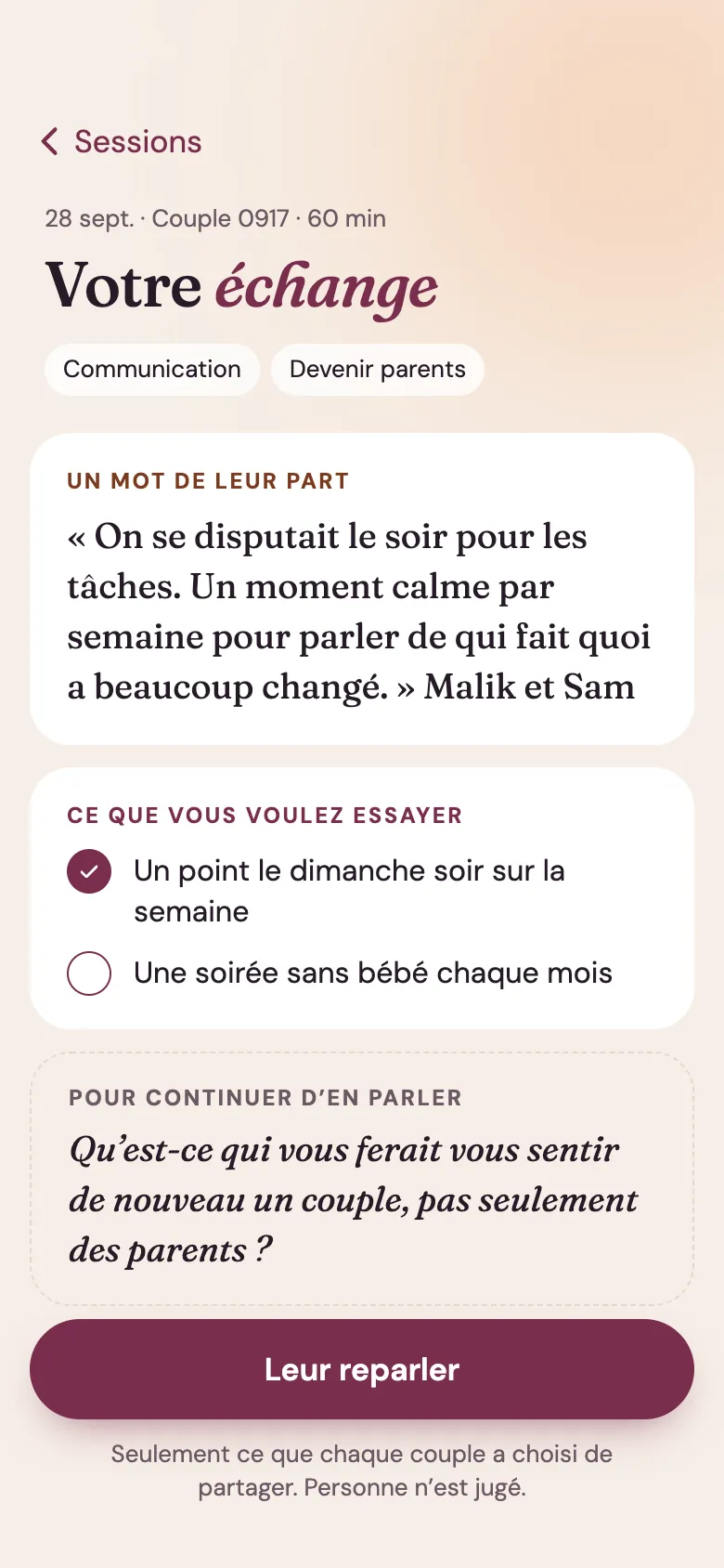 Écran de l’application Venna : le résumé après une session, avec un mot de l’autre couple, ce que vous voulez essayer et une question pour continuer d’en parler.