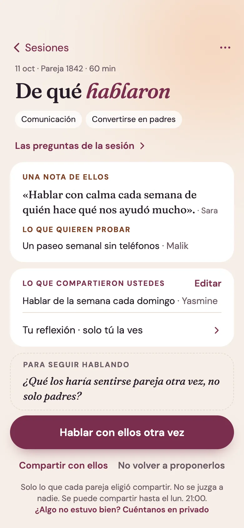 Pantalla de la app Venna: el resumen después de una sesión con la Pareja 1842, con una nota de la otra pareja, lo que quieren probar y una pregunta para seguir hablando.