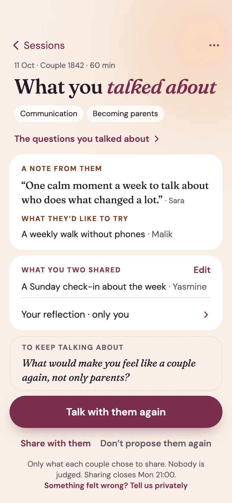 Venna app screen: the summary after a session with Couple 1842, with a note from the other couple, what they’d like to try and a question to keep talking about.