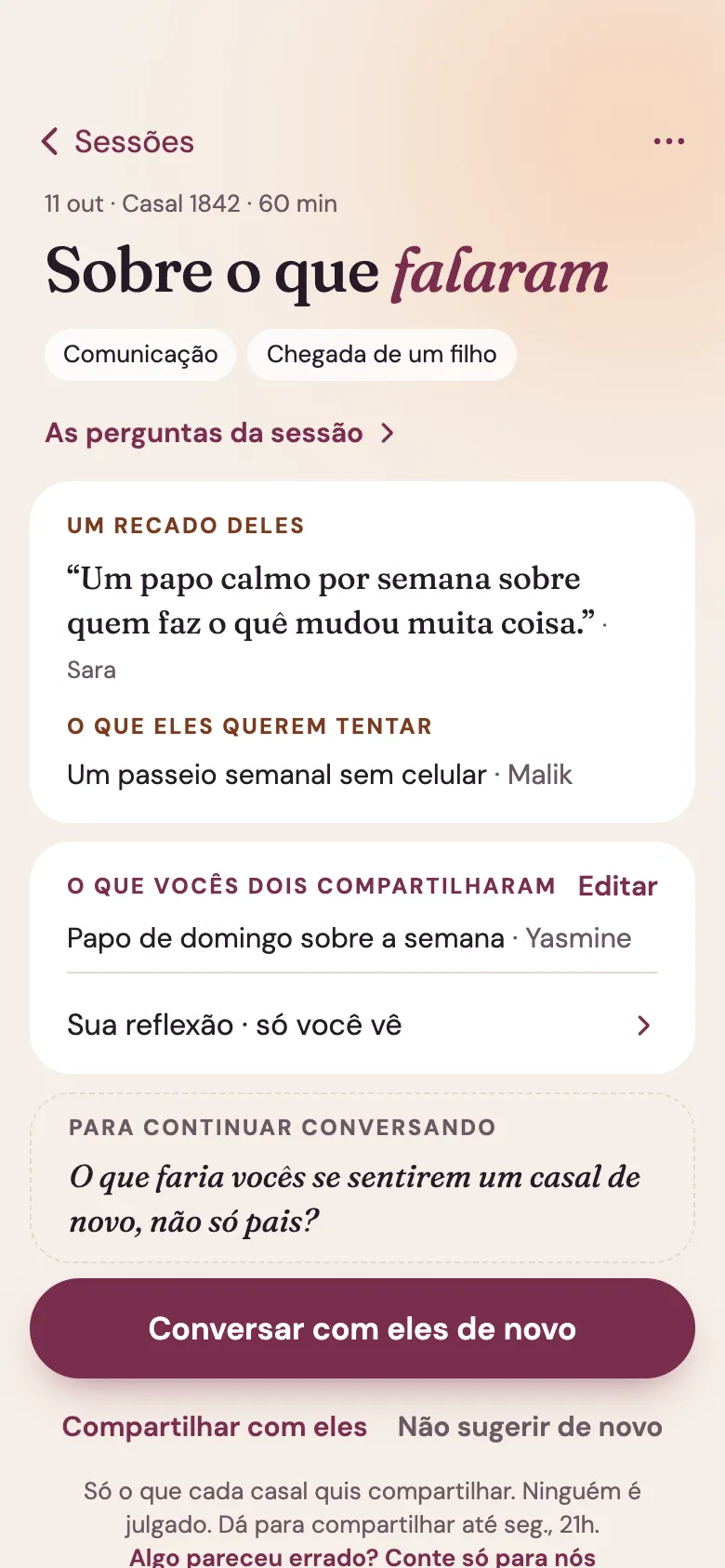 Tela do app Venna: o resumo depois de uma sessão com o Casal 1842, com um recado do outro casal, o que eles querem tentar e uma pergunta para continuar conversando.