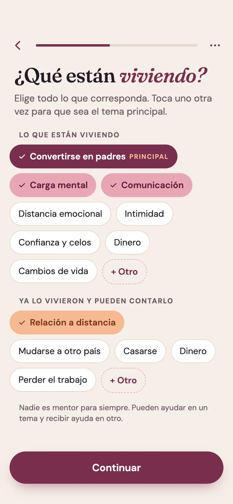 Pantalla de la app Venna: «¿Qué están viviendo?». Entre los temas elegidos están convertirse en padres, la carga mental y la comunicación.