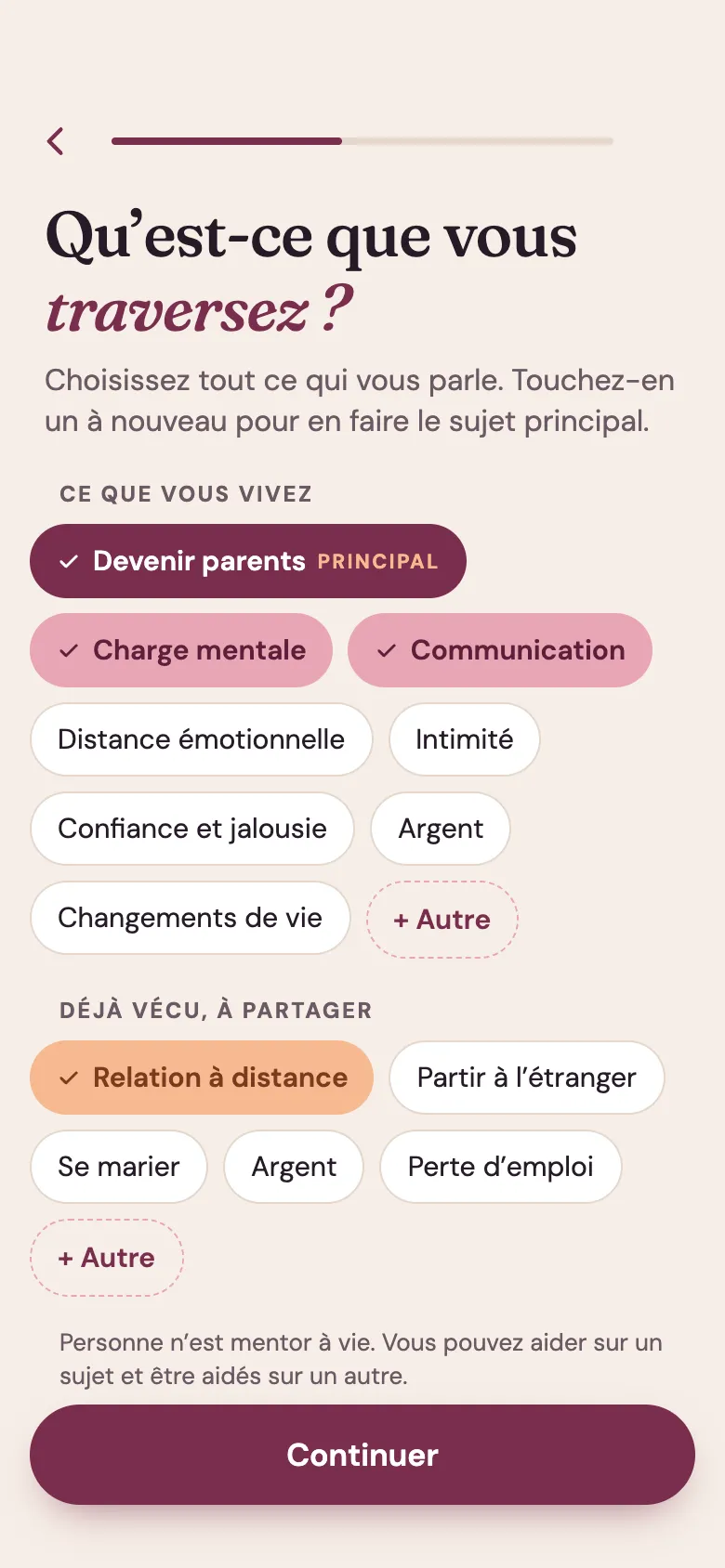 Écran de l’application Venna : « Qu’est-ce que vous traversez ? » Les sujets choisis incluent devenir parents, la charge mentale et la communication.