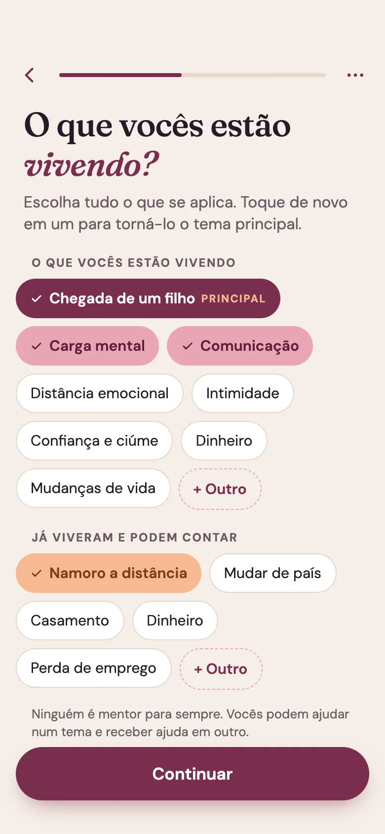 Tela do app Venna: “O que vocês estão vivendo?”. Entre os temas escolhidos estão a chegada de um filho, a carga mental e a comunicação.
