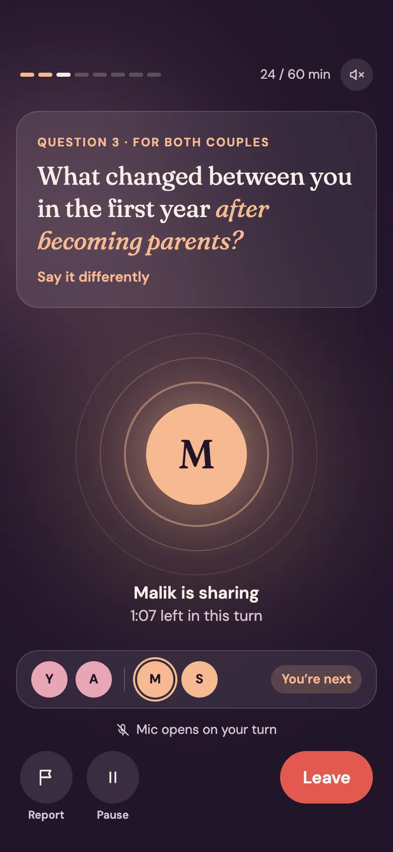 Venna app screen during a voice session: question 3 for both couples, “What changed between you in the first year after becoming parents?”, while Malik is sharing.
